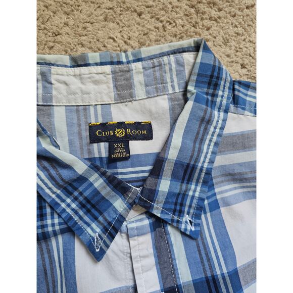 Club Room Chunky Plaid Short Sleeve Men's Button Down Shirt Blue/White XXL - Picture 3 of 9